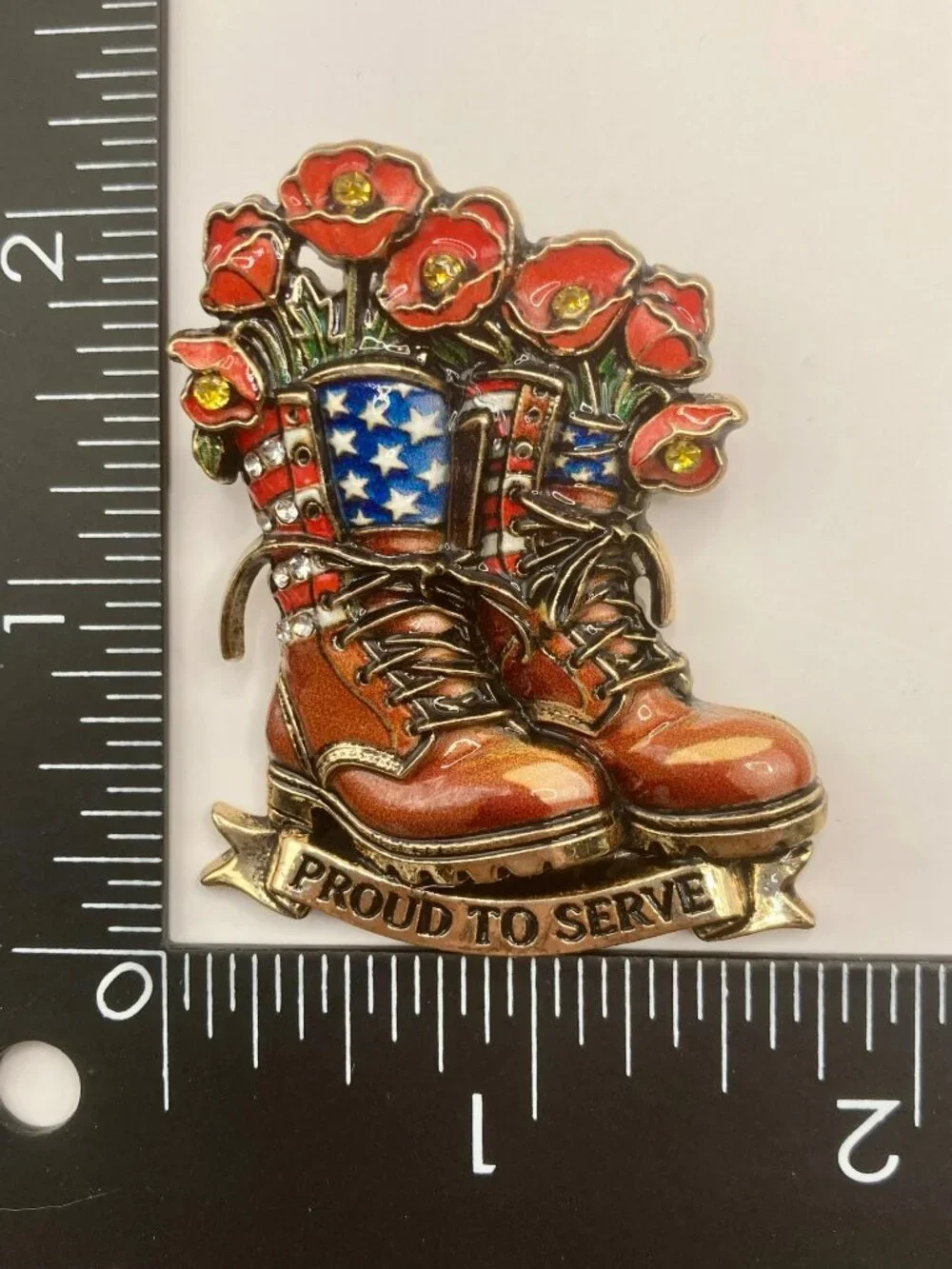 Proud To Serve Military Boots Enamel Brooch Pin Poppies & American Flag -31B